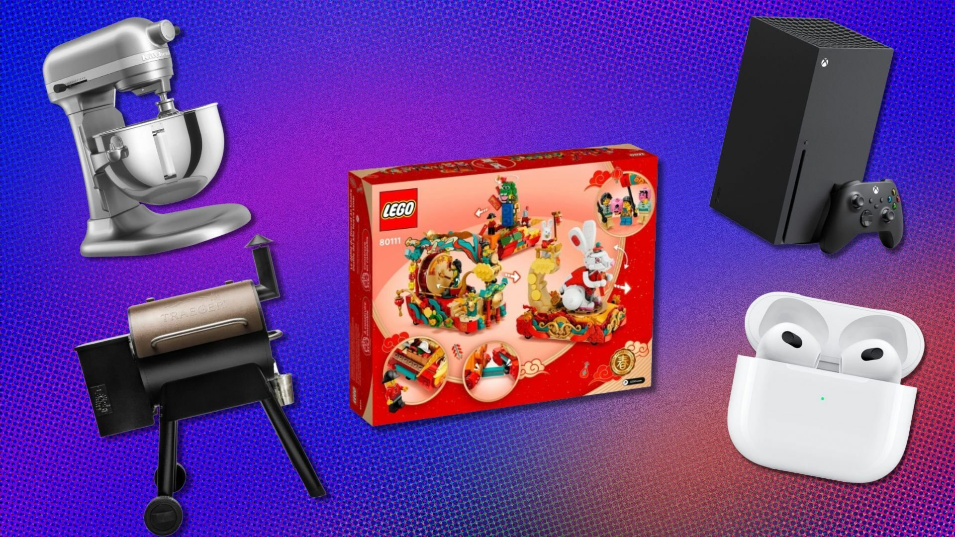a purple background with several items including a Lego set, a KitchenAid mixer, AirPods, and an Xbox console