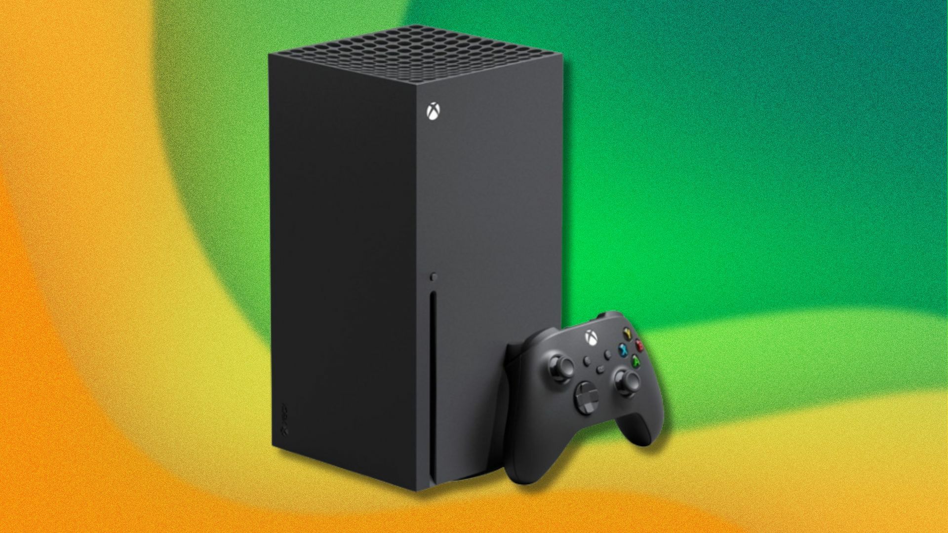 an xbox series x on a background of green and yellow