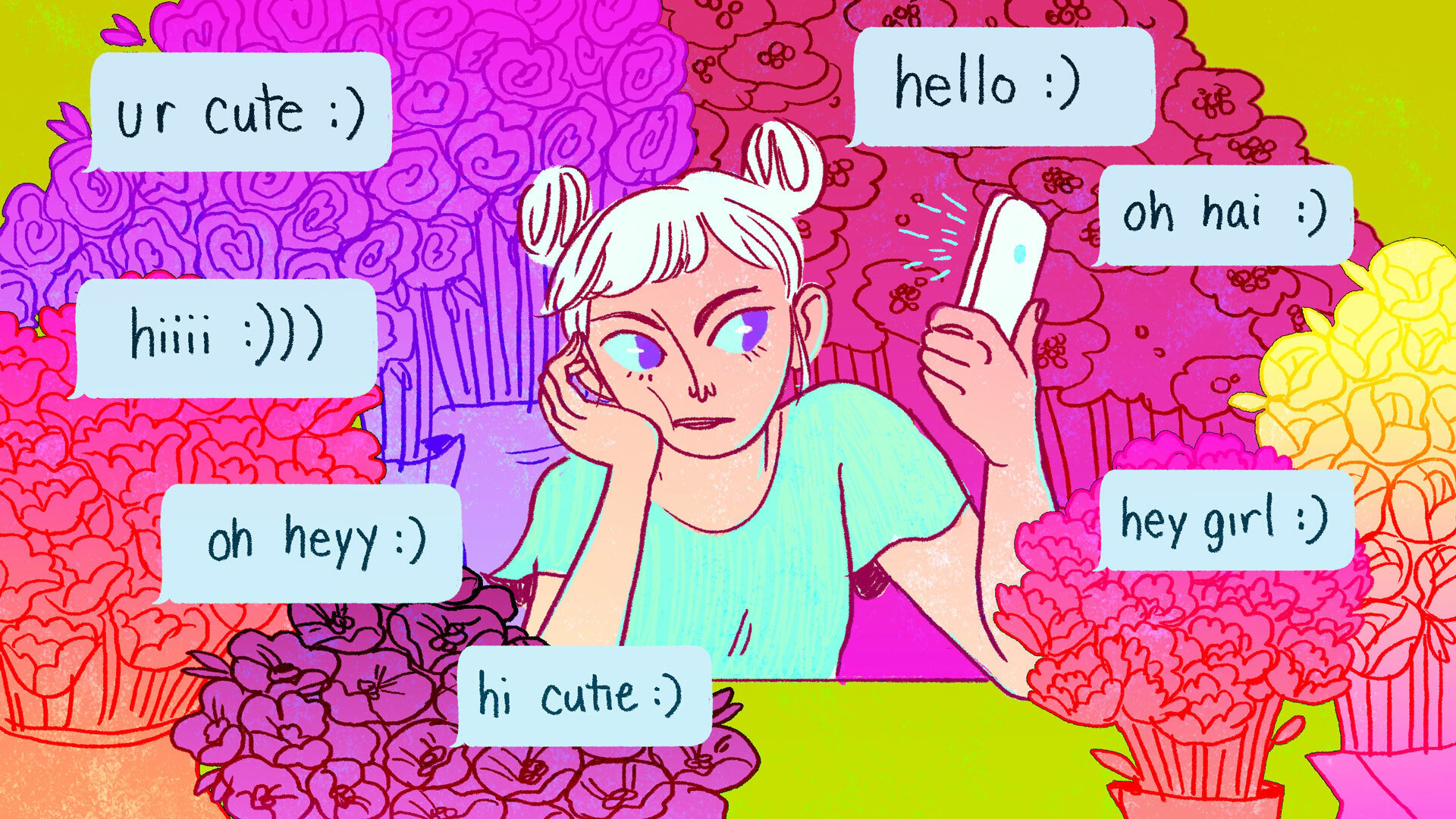 Illustration of a woman surrounded by text bubbles with dating opening lines. 