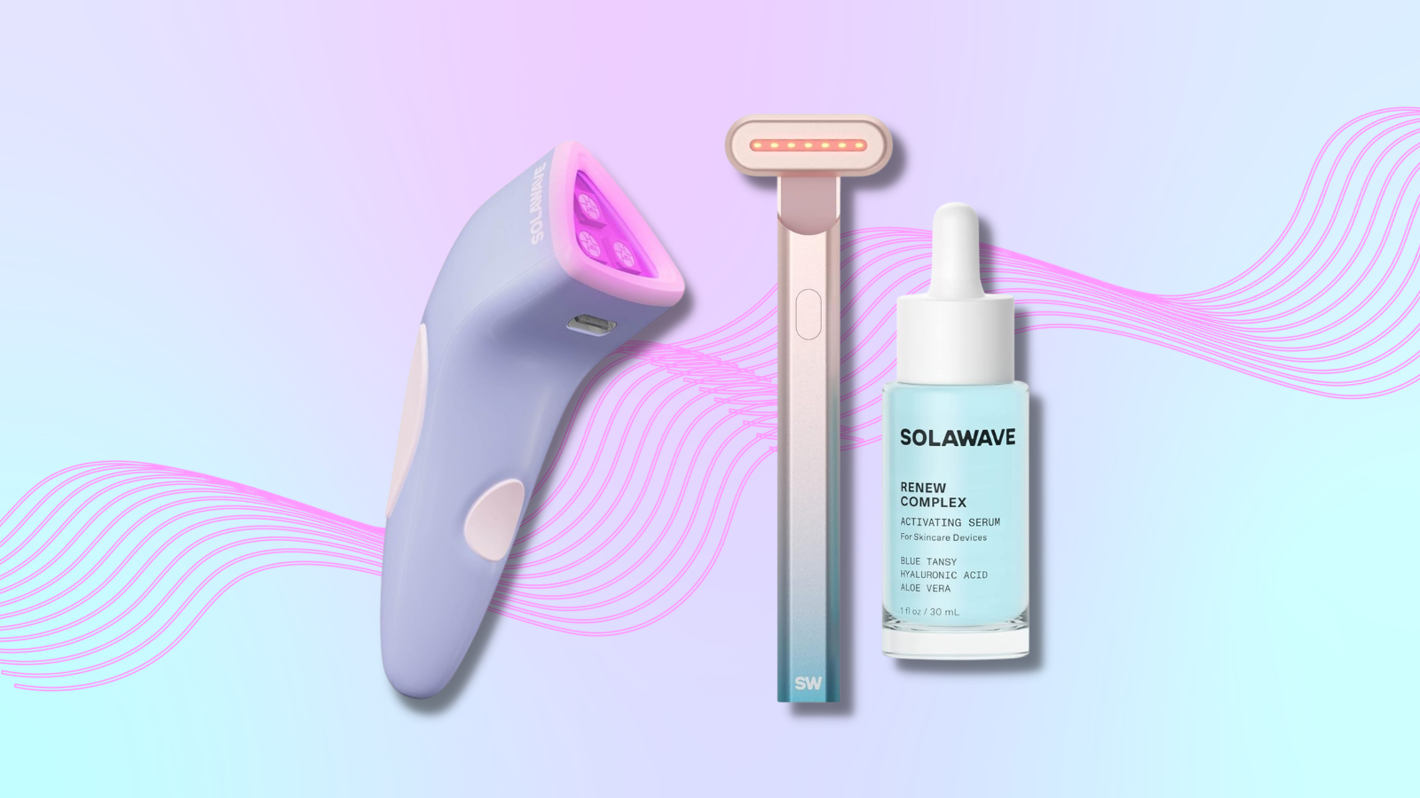 Solawave Bye Acne device and skincare wand with colorful background