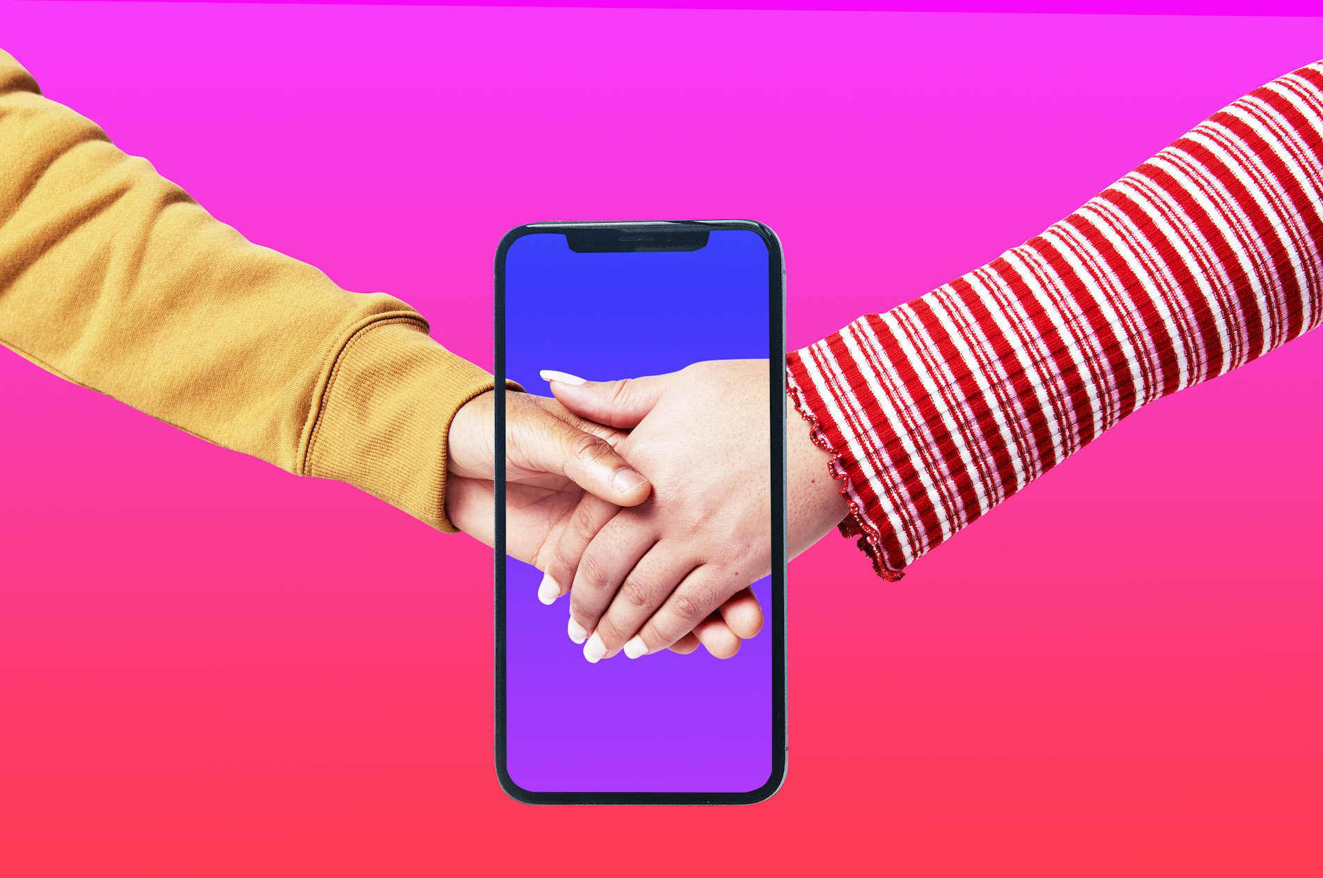 Gen Z couple holding hands through screen of smartphone