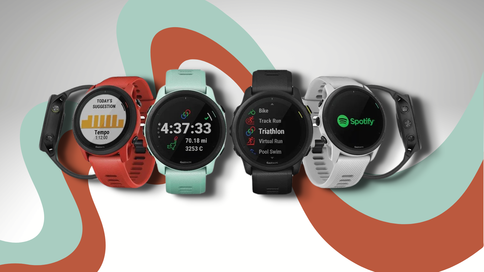 Garmin Forerunner watches in various colors with colorful background
