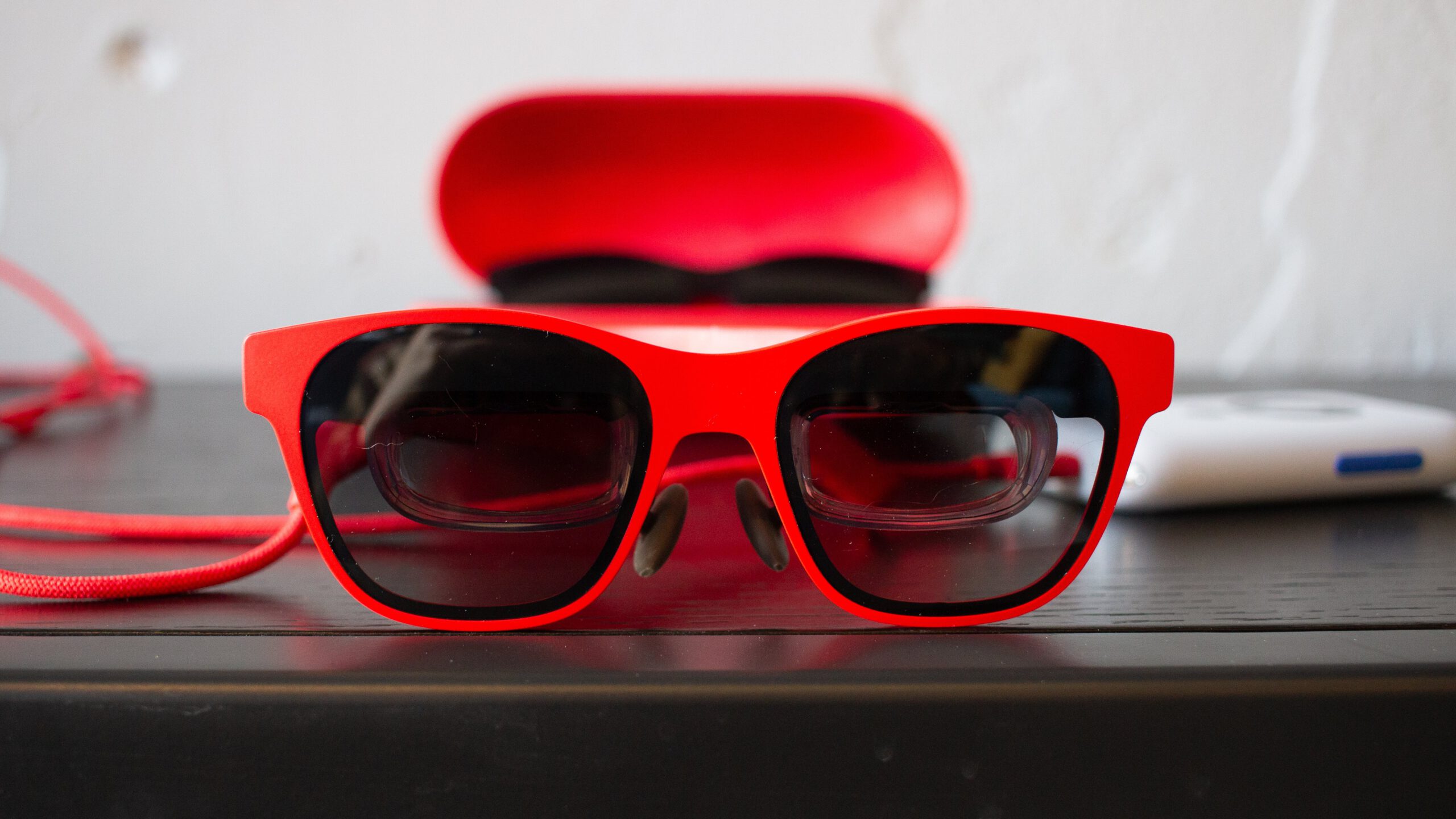 red AR glasses with inner screen lenses