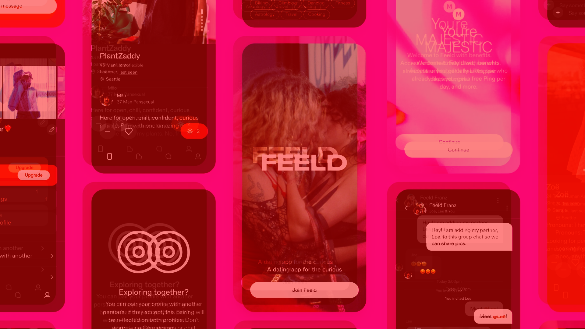 screenshots of the feeld app doubled in red tint