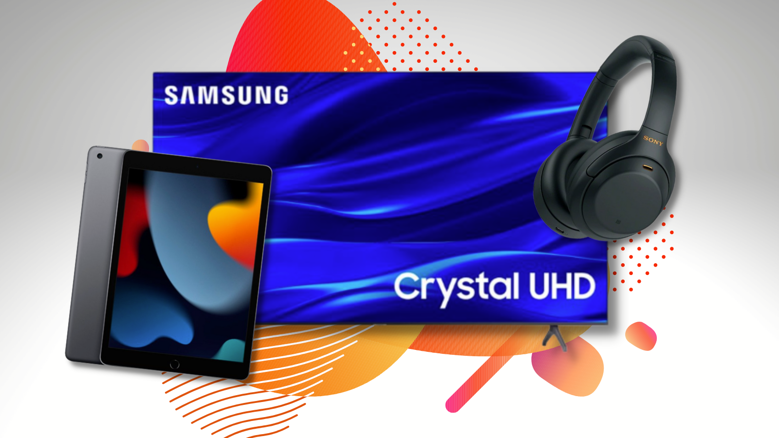 iPad, Samsung TV, and Sony headphones with colorful background