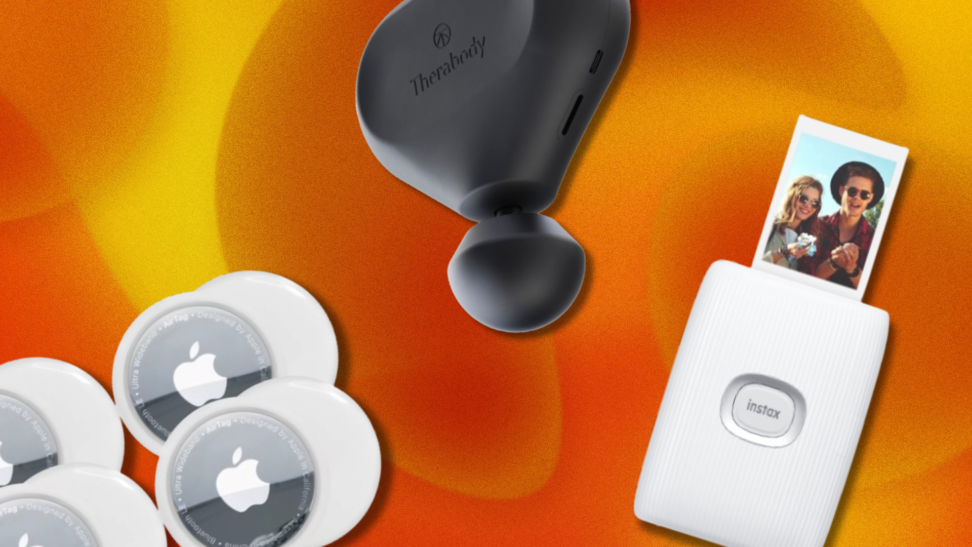 Products from Apple, Fujifilm, and Therabody overlaid on a yellow and orange background