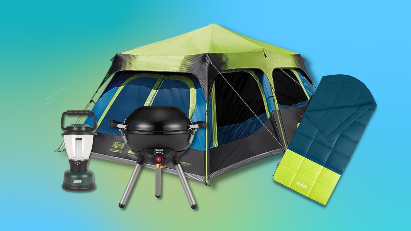 Coleman camping gear with blue gradient background
