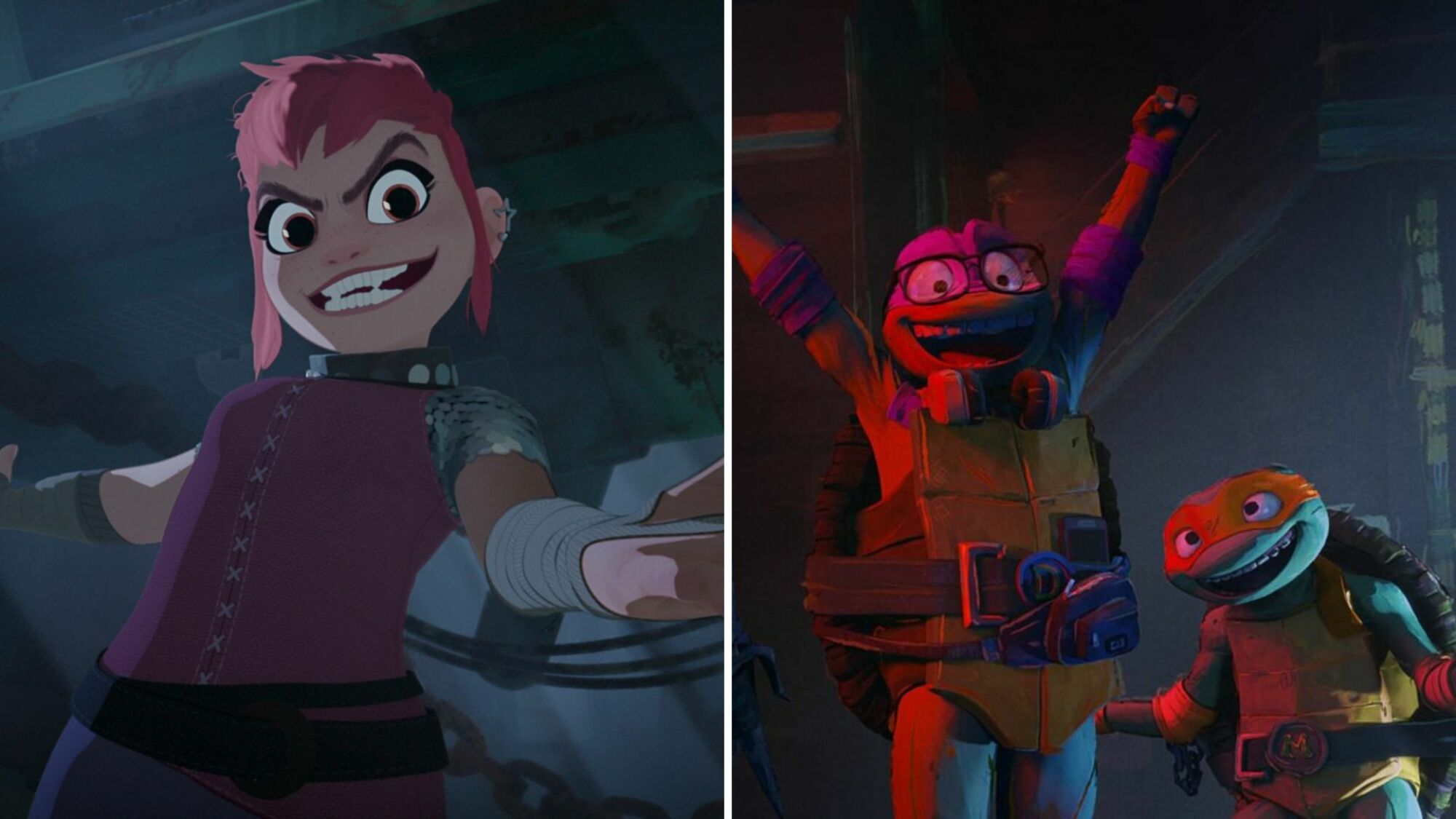 Two images: A young girl with short pink hair extends her hands with a menacing grin, and two very excited Teenage Mutant Ninja Turtles.