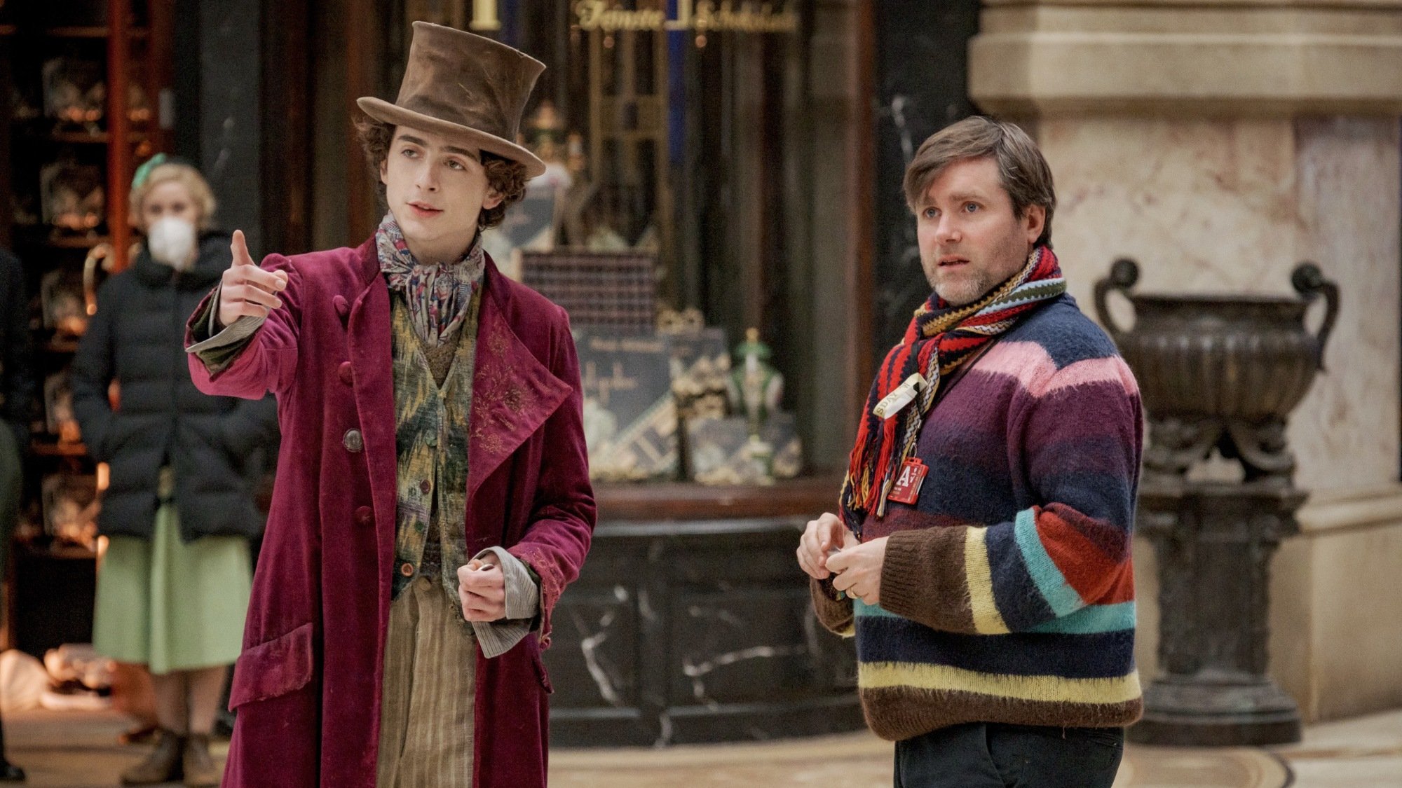 Paul King and Timothée Chalamet on the set of "Wonka."