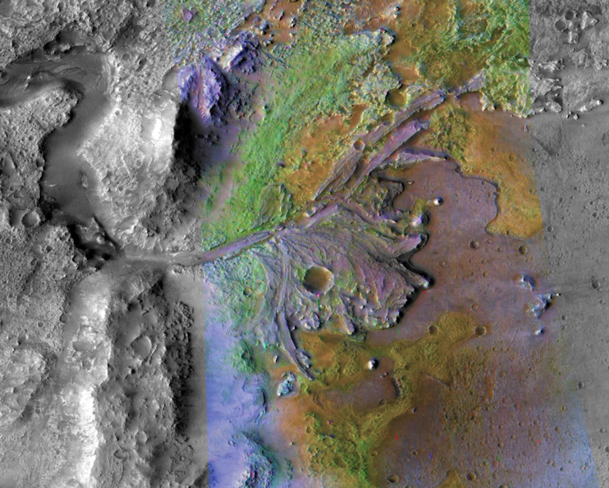 A satellite view of the Jezero Crater's dried-up river delta as viewed from NASA's Mars Reconnaissance Orbiter. Different colors show different sediments, like carbonates.