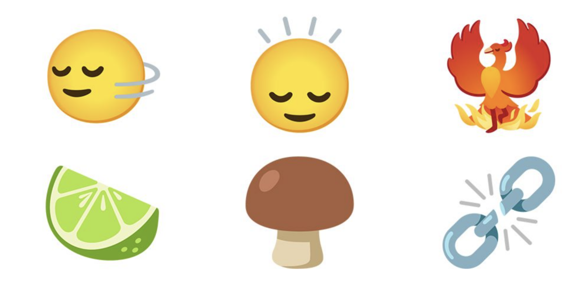 Six emoji icons. From L to R: Shaking head side to side, nodding, firebird, lime, brown mushroom, broken chain