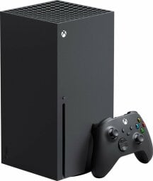 a black Microsoft Xbox Series X 1TB Console on a white background