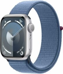silver apple watch series 9 with a winter blue sport loop