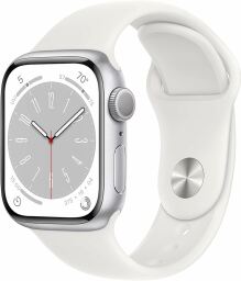 Apple Watch Series 8 with a white band and light interface/home screen