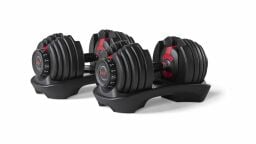pair of bowflex selecttech adjustable dumbbells on white background