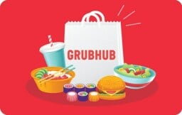 The Grubhub logo on an illustrated paper bag surrounded by food, overlaid on a red background
