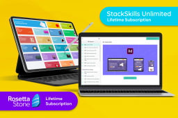laptop and tablet with stackskills and rosetta stone apps