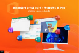 Microsoft Office and Windows 11 Pro offer with desktop computer and multiple screens