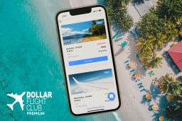 phone with Dollar Flight Club interface over background of a beach
