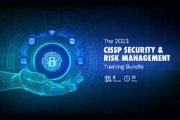 CISSP security training bundle ad with illustrated hand holding tech icons