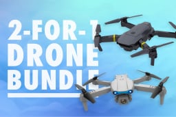 2 for 1 drone bundle ad with two drones on blue background