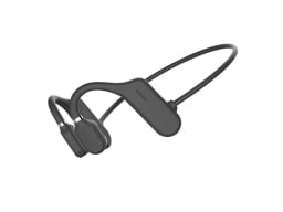 Black open-ear headphones on a white background.