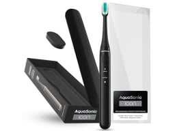 A black AquaSonic toothbrush and case