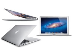 A silver MacBook Air front, back, and side view