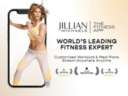 Jillian Michaels coming out of a phone screen for fitness app 
