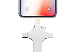 4-in-1 flash drive plugging into iPhone
