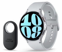 The Samsung Galaxy Watch 6 with a light gray band and an accompanying Galaxy SmartTag2 