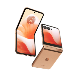 Product photos of the Motorola Razr+ in peach fuzz, which is warm, metallic, amber orange.