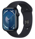 Apple Watch Series 9 with watch face on screen and blue band