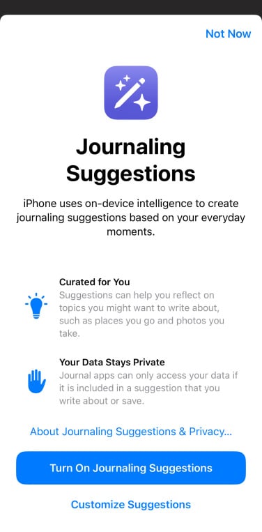 A screenshot of the Journaling Suggestions permissions screen.