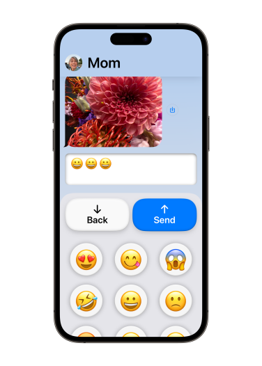 A screenshot of the simplified, emoji-based keyboard in the new Assistive Access mode.