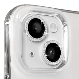 Product photo of bedazzled camera lenses for iPhones. 