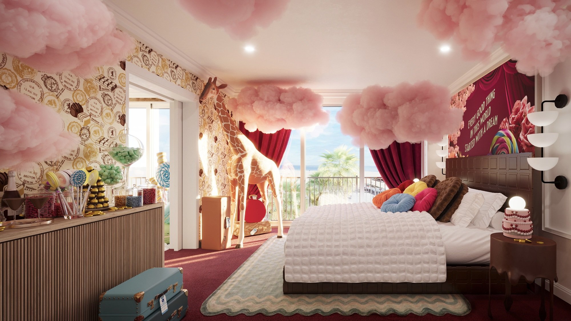 A "Wonka"-themed hotel room, including a bed with a chocolate bar headboard and cotton candy clouds.