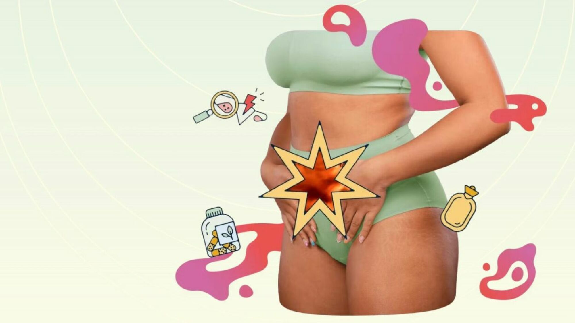 An image of a woman in underwear holding her lower stomach, animated with illustrations to evoke period pain.