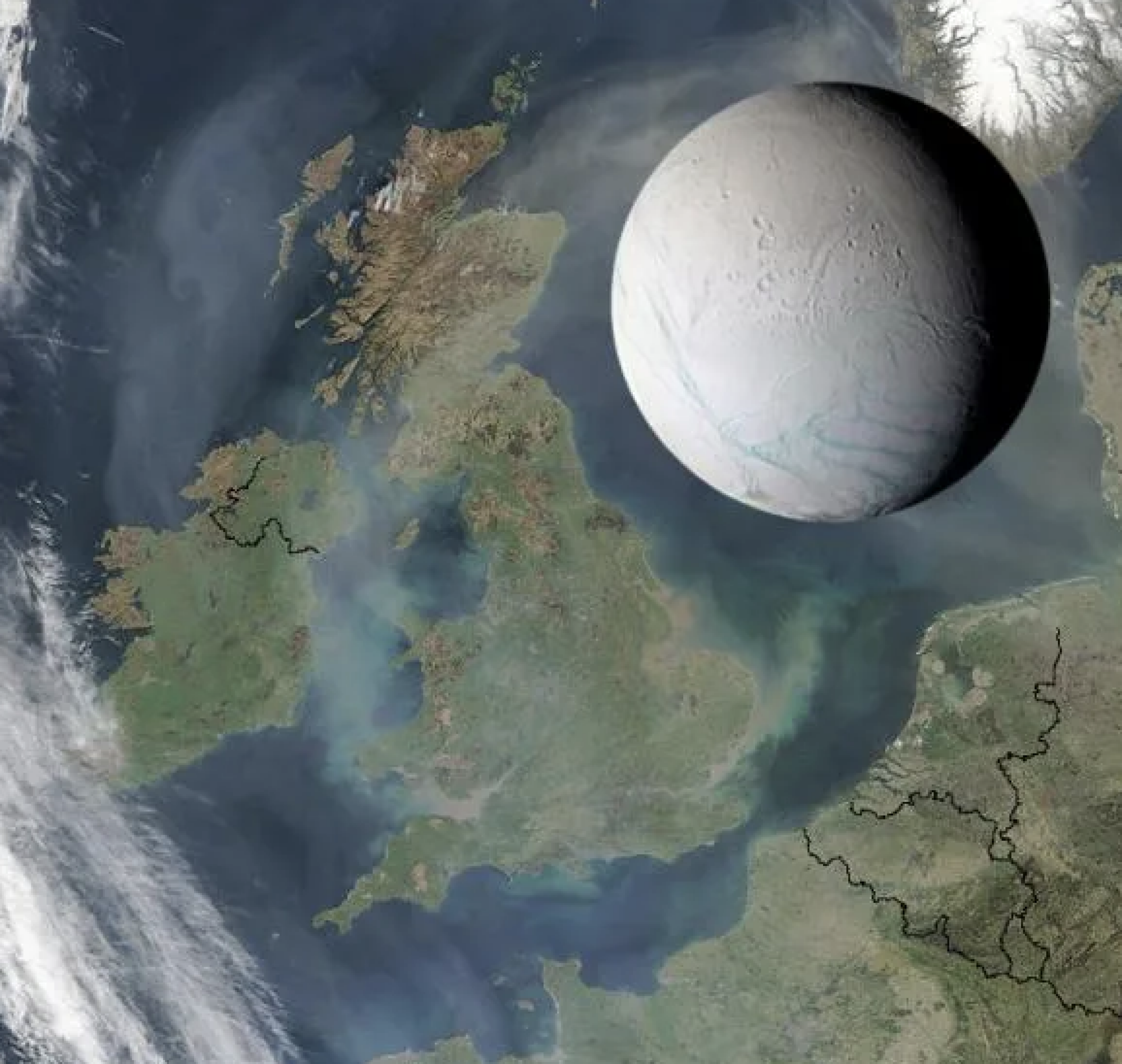 Enceladus, 314 miles (505 km) across, compared to the United Kingdom.