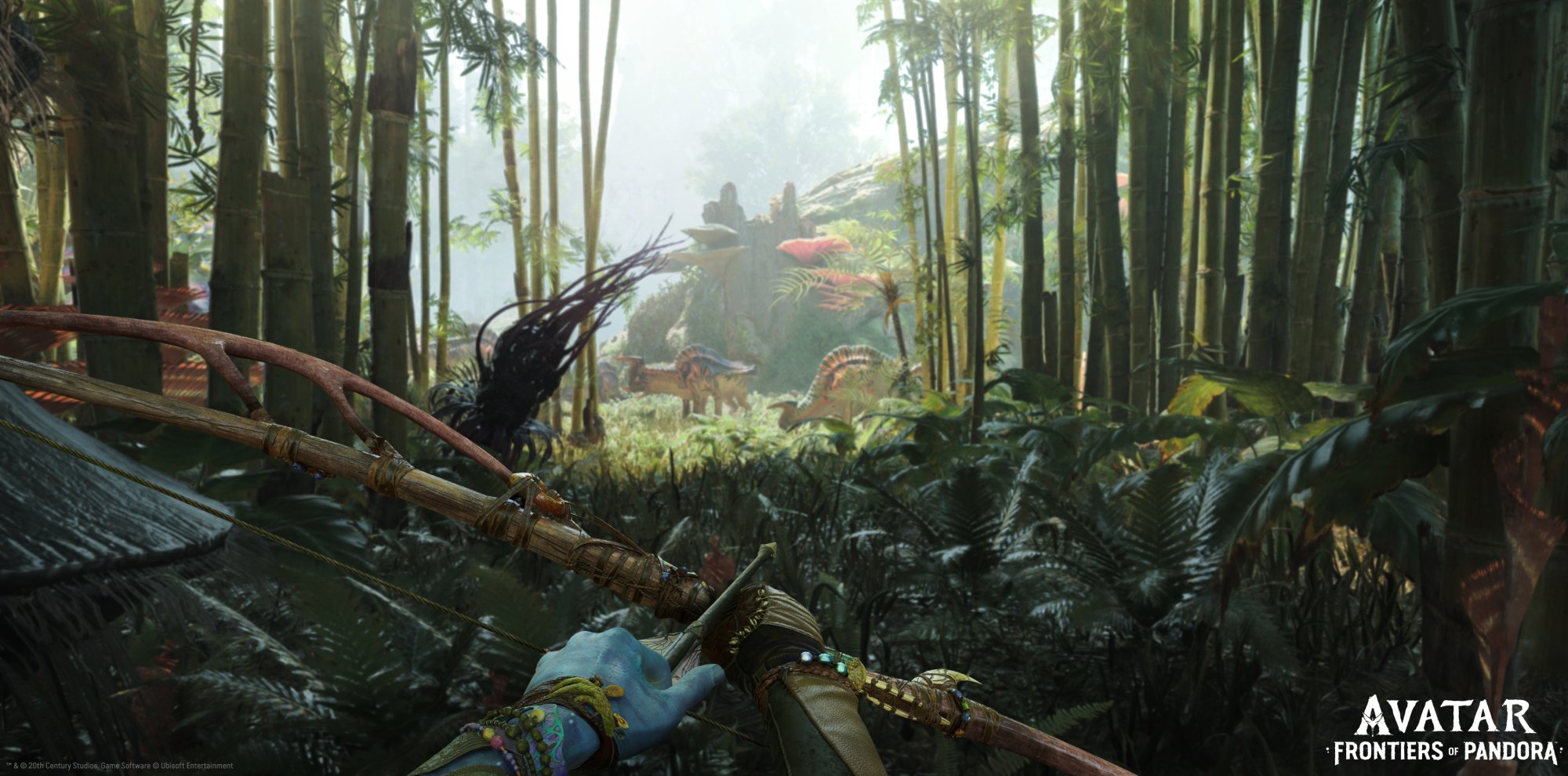 A na'vi sits in waiting in the forest with a bow and arrow