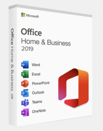 Microsoft Office Home and Business 2019 software shown in its packaging