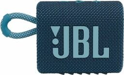 JBL speaker in dark blue with baby blue accents (the JBL logo and hook).