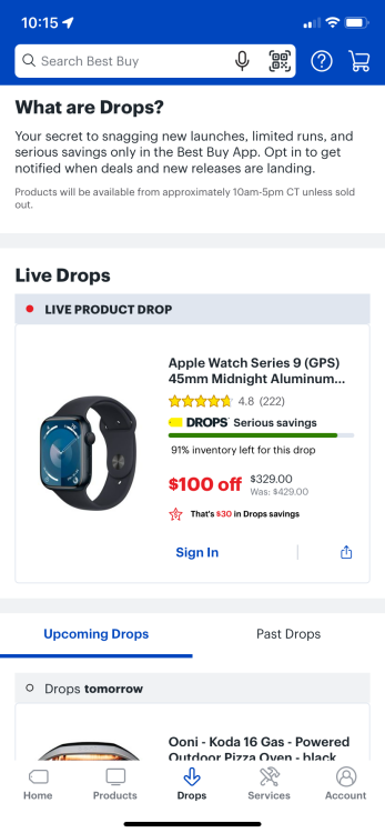 screenshot of Best Buy Drops with Apple Watch Series 9