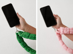 Two product photos. In each a Caucasian hand is holding a phone with a lanyard attached, one light pink and one a grassy green.