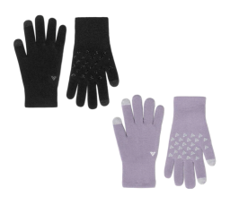 Two pairs of gloves, one black one lilac, laid flat.