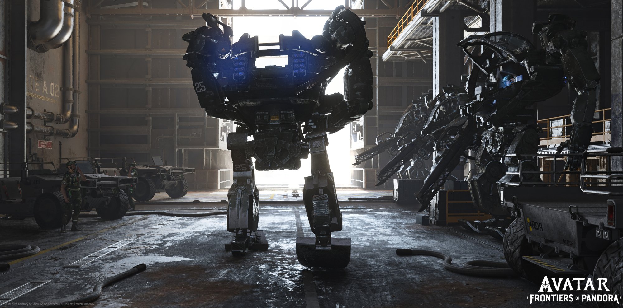 A hanger of AMP, giant walking exoskeletons that serves as enemies in the game