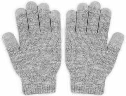 Two knit light grey gloves, laid flat.