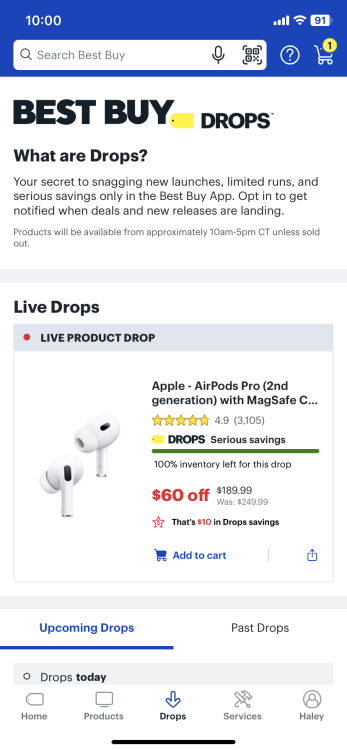 a screenshot of the airpods pro drop on the best buy mobile app