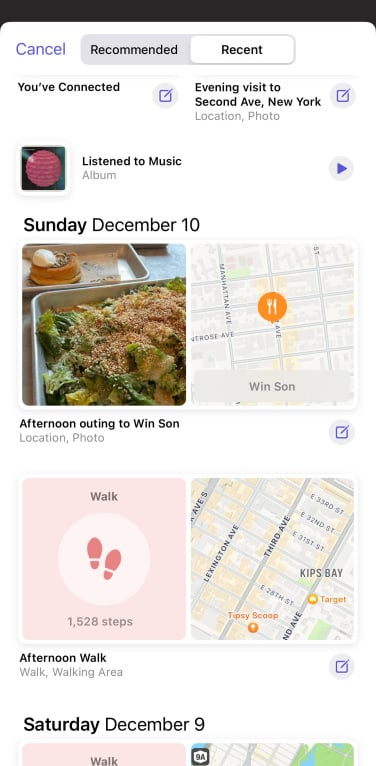 A screenshot of the Journal App's memories, which include Apple Maps locations and photos of food.