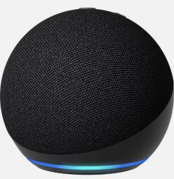 Amazon's 5th Gen Echo Dot in a black color with a turned-on light ring at the bottom